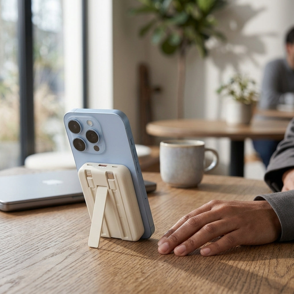Power bank in use at a cafe